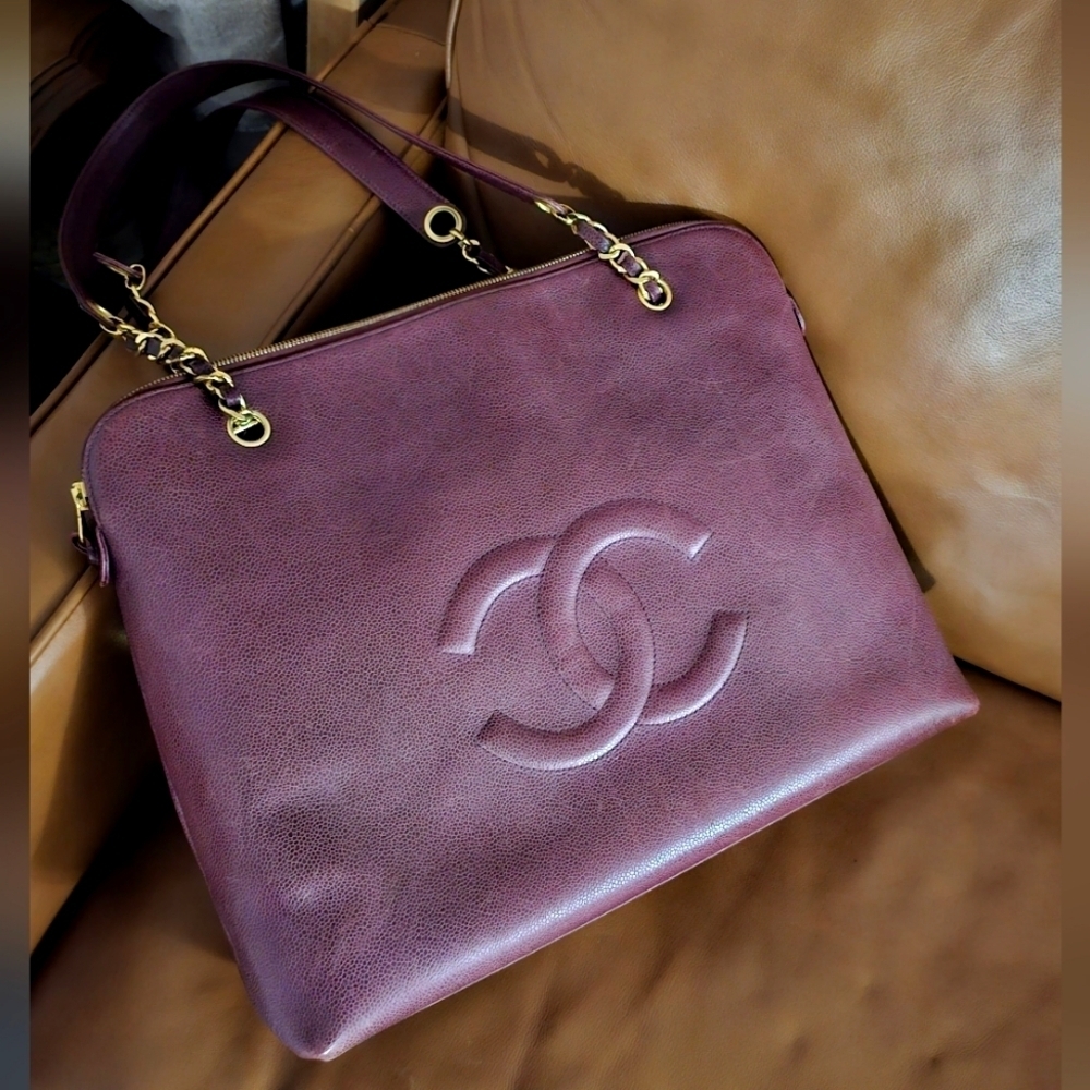 Chanel Caviar Leather CC Tote Bag Vintage Burgundy